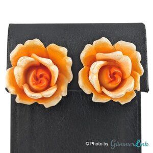 Vintage 50's MCM Germany Orange Plastic Rose Silver Tone Clip On Earrings